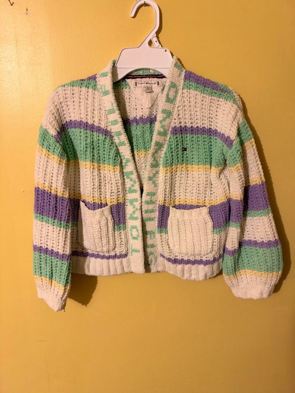 Tommy Hilfiger Girls Striped Chenille Cardigan Sweater Open Front Logo
